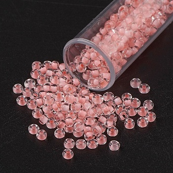 11/0 Grade A Transparent Glass Seed Beads, Inside Color, Light Coral, 2.3x1.5mm, Hole: 1mm, about 5300pcs/50g