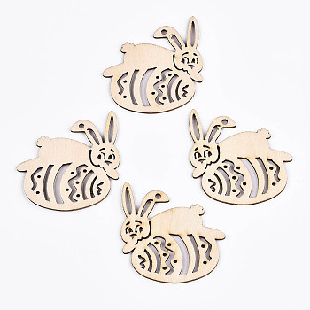 Undyed Natural Wooden Big Pendants, Laser Cut, for Easter, Rabbit & Easter Egg with Egg, Antique White, 62x60x2mm, Hole: 3mm