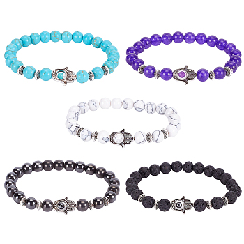 5Pcs 5 Style Natural & Synthetic Mixed Gemstone Round & Hamsa Hand Beaded Stretch Bracelets Set for Women, Inner Diameter: 2-1/4 inch(5.7cm), 1Pc/style