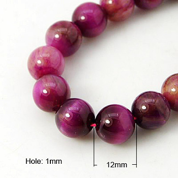 Natural Rose Tiger Eye Beads Strands, Dyed & Heated, Round, Deep Pink, 12mm, Hole: 1mm
