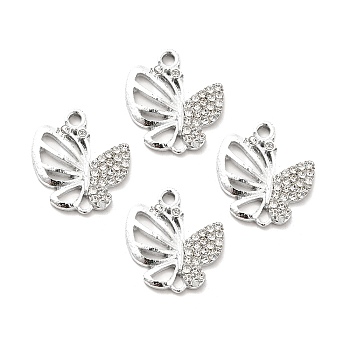 Alloy Rhinestone Pendants, Platinum Tone Hollow Out Butterfly Charms, Crystal, 21x19.5x2.5mm, Hole: 2.2mm