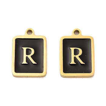 304 Stainless Steel Pendants, with Enamel, Rectangle with Letter Charm, Golden, Letter R, 17.5x12x1.5mm, Hole: 1.5mm