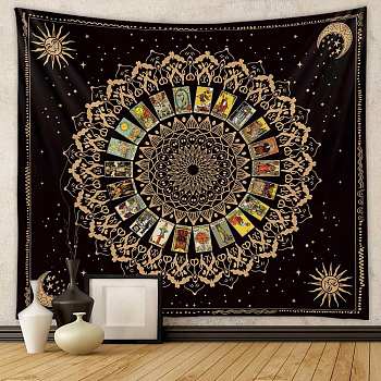 Sun Constellation and Star Tarot Tapestry, Polyester Bohemian Astrology Wall Tapestry, for Bedroom Living Room Decoration, Rectangle, Black, 730x950mm