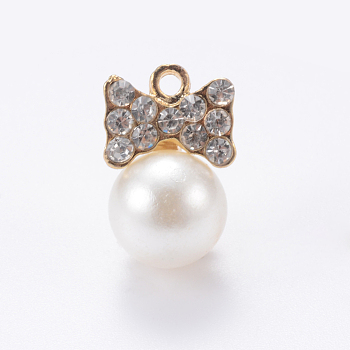 Alloy Rhinestone Pendants, Bow, with ABS Plastic Imitation Pearl, Light Gold, 16.5x11x11mm, Hole: 1.5mm