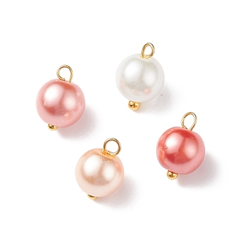 Glass Pearl Pendants, with Golden Plated Brass Findings, Round, Light Salmon, 11x8.5mm, Hole: 2mm