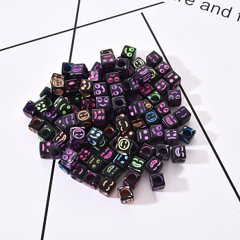 Craft Black Acrylic Beads, Cube with Mixed Color Mixed Expression, 6x6x6mm, Hole: 3.5mm, about 100pcs/bag