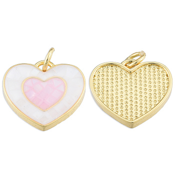 Brass Enamel Pendants, with Jump Rings and Shell, Real 18K Gold Plated, Nickel Free, Heart, Pink, 15x16x3.5mm, Jump Ring: 5x1mm, 3mm inner diameter