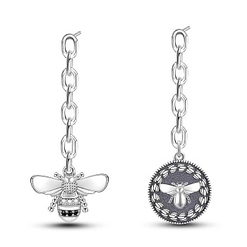 SHEGRACE 925 Sterling Silver Asymmetrical Earrings, Dangle Stud Earrings, with Cable Chain, Bee, Antique Silver, 40mm