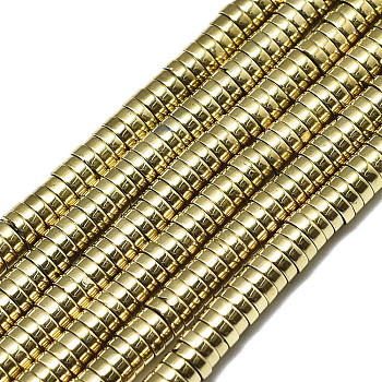 Electroplate Non-magnetic Synthetic Hematite Beads Strands, Heishi Beads, Flat Round/Disc, Real 18K Gold Plated, 3x1mm, Hole: 1mm, about 375~380pcs/strand, 15.75 inch(40cm)