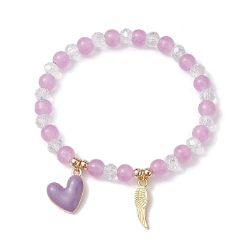 Glass Round Beaded Stretch Bracelets, with Alloy Wing & 304 Stainless Steel Heart Charms, Plum, Inner Diameter: 2-1/8 inch(5.4cm)