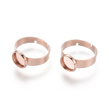 Adjustable 201 Stainless Steel Finger Rings Components, Pad Ring Base Findings, Flat Round, Rose Gold, Size 7, 17~17.5mm, Tray: 8mm