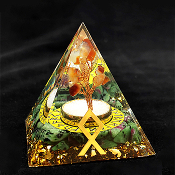 Viking Rune Symbol-Estate Orgonite Pyramid Resin Display Decorations, with Natural Ruby in Zoisite Chips Inside, for Home Office Desk, 50~60mm