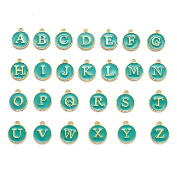 Initial Letter A~Z Alphabet Enamel Charms, Flat Round Disc Double Sided Charms, Golden Plated Enamelled Sequins Alloy Charms, Green, 14x12x2mm, Hole: 1.5mm, 26pcs/set