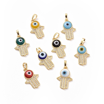 Brass Micro Pave Cubic Zirconia Pendants, with Handmade Evil Eye Lampwork, Hamsa Hand Charm, Real 18K Gold Plated, Mixed Color, 23x15x4mm, Hole: 4x6.5mm