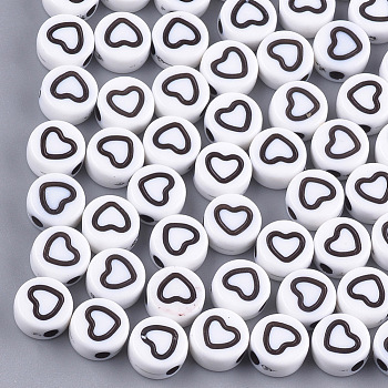 Craft Style Acrylic Beads, Flat Round with Heart, White, 7x3.5mm, Hole: 1.5mm, about 400~440pcs/50g