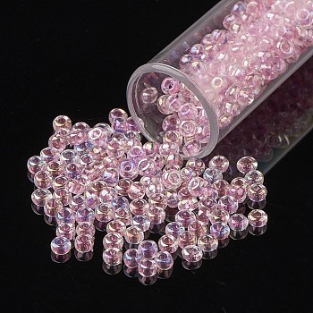 8/0 Grade A Round Glass Seed Beads, Transparent Inside Colours, AB Color Plated, Pink, 3x2mm, Hole: 1mm, about 10000pcs/pound