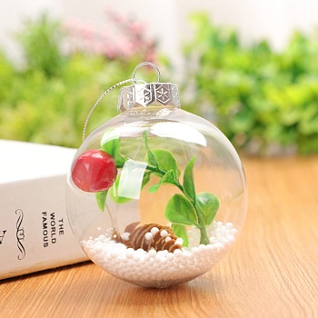 Transparent Plastic Fillable Ball Pendants Decorations, with Red Fruit inside, Christmas Tree Hanging Ornament, Clear, 80mm