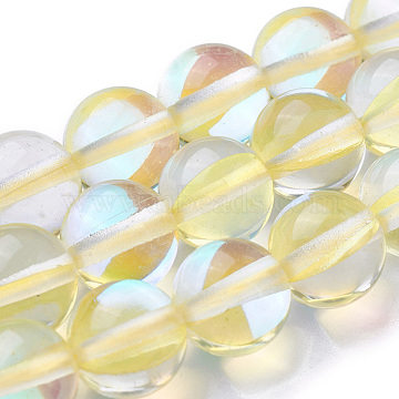 Synthetic Moonstone Beads Strands, Dyed, Holographic Beads, Half AB Color Plated, Round, LightYellow, 12mm, Hole: 1mm; about 32pcs/strand, 15inches(G-F143-12mm-13)