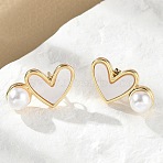 Heart Brass Stud Earrings, with ABS Imitation Pearl Beads, Rack Plating, Long-Lasting Plated, Cadmium Free & Lead Free, Real 18K Gold Plated, White, 11x20mm(EJEW-C141-01G-02)
