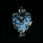 Luminous Stone Pendants, Brass Hollow Heart Charms, with Jump Ring, Dark Turquoise, 23x16x10mm, Hole: 6mm(FIND-WH0148-413D-03)