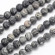 Frosted Round Natural Black Polychrome Jasper/Picasso Stone/Picasso Jasper Beads Strands, 8mm, Hole: 1mm, about 49pcs/strand, 15.3 inch(G-N0166-44-8mm)