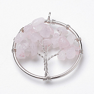 Natural Rose Quartz Pendants, with Iron Findings, Tree of Life, Platinum, 34x30x5~8mm, Hole: 2.5mm(X-G-S271-21I)