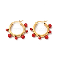 Red Enamel Round Beaded Hoop Earrings, Vacuum Plating 304 Stainless Steel Jewelry for Women, Golden, 26x27x5mm, Pin: 0.8~1.4x0.7mm(EJEW-P219-14G)