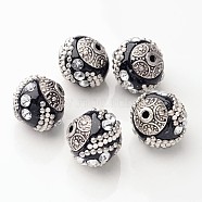 Handmade Indonesia Beads, with Alloy Cores, Round, Black, Antique Silver, 15x15x15mm, Hole: 2mm(X-IPDL-Q014-7)