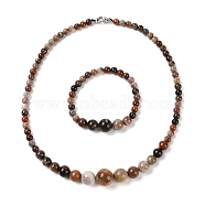 Natural Petrified Wood Round Beads Bracelets & Necklaces Sets, with 304 Stainless Steel Clasps, 18.70 inch(475mm)(SJEW-L132-25)