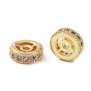 Brass Micro Pave Cubic Zirconia Beads, Flat Round, Real 18K Gold Plated, 8.5x2.5mm, Hole: 1.6mm(KK-A189-17G)