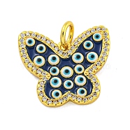 Brass Micro Pave Clear Cubic Zirconia Pendants, with Enamel, Real 18K Gold Plated, Butterfly, Midnight Blue, 17x19x2.5mm, Hole: 4mm(KK-R159-15G-01)