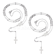 2Pcs 304 Stainless Steel Rosary Bead Necklaces Set For Easter, Cross & Jesus Pendant Necklaces, Stainless Steel Color, 20.8 inch(53cm)(NJEW-UN0001-43)
