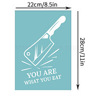 Self-Adhesive Silk Screen Printing Stencil, for Painting on Wood, DIY Decoration T-Shirt Fabric, Knife with Word YOU ARE WHAT YOU EAT, Sky Blue, 28x22cm(DIY-WH0173-024)