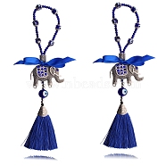 Alloy Rhinestone Elephant Pendant Decoration, with Tassel and Blue Evil Eye for Car Hanging Decoration, Antique Silver, 265mm(PW-WG56848-01)
