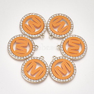Acrylic Pendants, with Crystal Rhinestone and Alloy Findings, Flat Round with Letter, Light Gold, Dark Orange, Letter.M, 28x25x3mm, Hole: 2mm(PALLOY-T070-26C-M)