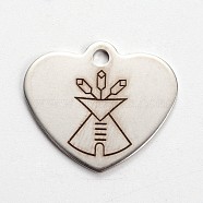 Stainless Steel Pendants, Heart with Direction Pattern, Stainless Steel Color, 21x24x1mm, Hole: 2mm(STAS-L165-E14)
