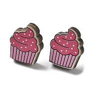 Printing Wood Stud Earrings for Women, with 316 Stainless Steel Pins, Ice Cream, Hot Pink, 17x14mm(EJEW-B028-10)