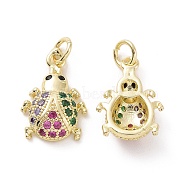 Brass Micro Pave Colorful Cubic Zirconia Pendants, with Jump Ring, Ladybug Charms, Real 18K Gold Plated, 16x11x4mm, Hole: 3.2mm(KK-E068-VF119)