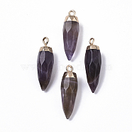 Top Golden Plated Natural Amethyst Pointed Pendants, with Iron Loops, Faceted, Bullet, 25~26x7~8mm, Hole: 1.8mm(G-S359-078F)