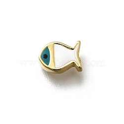 Brass Enamel Beads, Rack Plating, Cadmium Free & Lead Free, Long-Lasting Plated, Real 18K Gold Plated, Fish, White, 6x8.5x3.5mm, Hole: 1mm(KK-P295-47G-02)