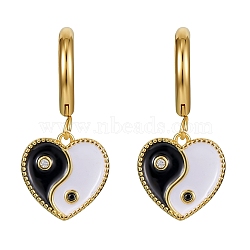 Clear Cubic Zirconia Heart with Yin Yang Dangle Hoop Earrings with Enamel, Brass Drop Earrings with 316 Surgical Stainless Steel Pin for Women, Black, 30mm, Pin: 1mm(EJEW-SW00011-18)
