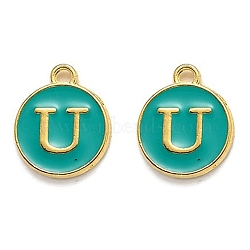 Golden Plated Alloy Enamel Charms, Enamelled Sequins, Flat Round with Alphabet, Letter.U, Green, 14x12x2mm, Hole: 1.5mm(ENAM-Q437-15U)