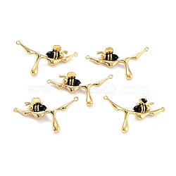 Brass Enamel Links Connectors, Long-Lasting Plated, Branch with Bees, Black, Real 18K Gold Plated, 19x35x8mm, Hole: 0.9mm(KK-P204-04G)