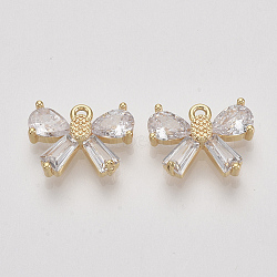 Brass Micro Pave Cubic Zirconia Charms, Bowknot, Clear, Nickel Free, Real 18K Gold Plated, 10.5x19x3mm, Hole: 1.2mm(ZIRC-S064-012)