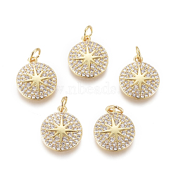 Brass Micro Pave Cubic Zirconia Charms, with Jump Rings, Flat Round, with Star, Clear, Golden, 13.5x11x2mm, Jump Rings: 2.5mm(KK-D159-09G)