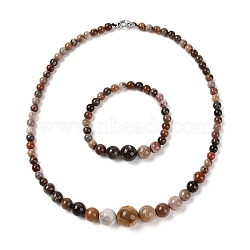 Natural Petrified Wood Round Beads Bracelets & Necklaces Sets, with 304 Stainless Steel Clasps, 18.70 inch(475mm)(SJEW-L132-25)