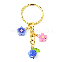 Flower Glass & Polymer Clay Pendant Keychain, with Iron Split Key Rings, Royal Blue, 6.5cm(KEYC-JKC00639-01)