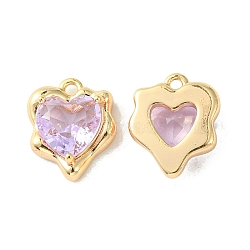 Brass Micro Pave Cubic Zirconia Charms, Heart Charm, Real 18K Gold Plated, Lilac, 13x11x4.5mm, Hole: 1.2mm(KK-L208-06G-03)