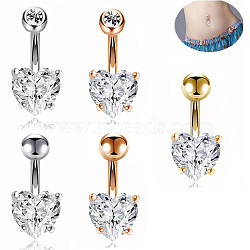 304 Stainless Steel Clear Cubic Zirconia Heart Curved Barbell Belly Rings, Stainless Steel Color, 23x8mm(WG52F32-02)