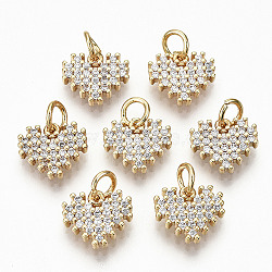 Brass Micro Pave Clear Cubic Zirconia Charms, Nickel Free, Heart, Real 18K Gold Plated, 9x10x2mm, Jump Ring: 5x0.8mm, 3mm inner diameter(X-RJEW-T063-60G-NF)
